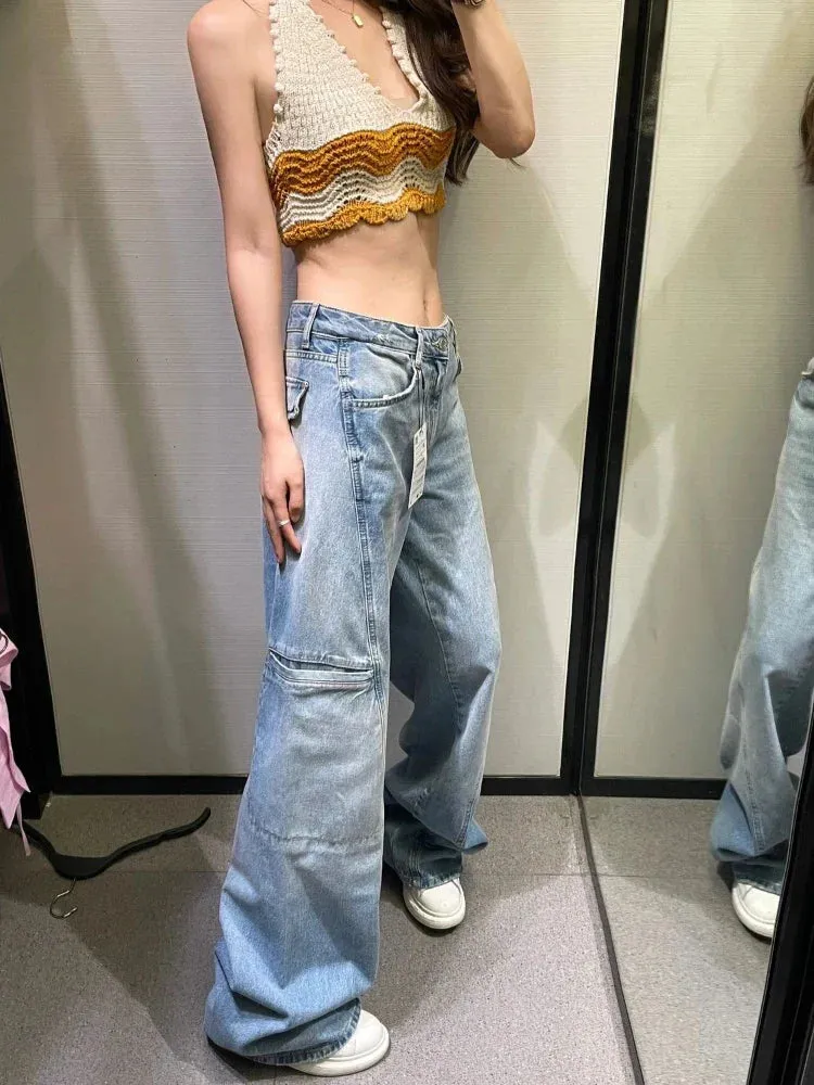 Cargo Jeans Women Fashion Blue Wide Leg High Waist Denim Pants