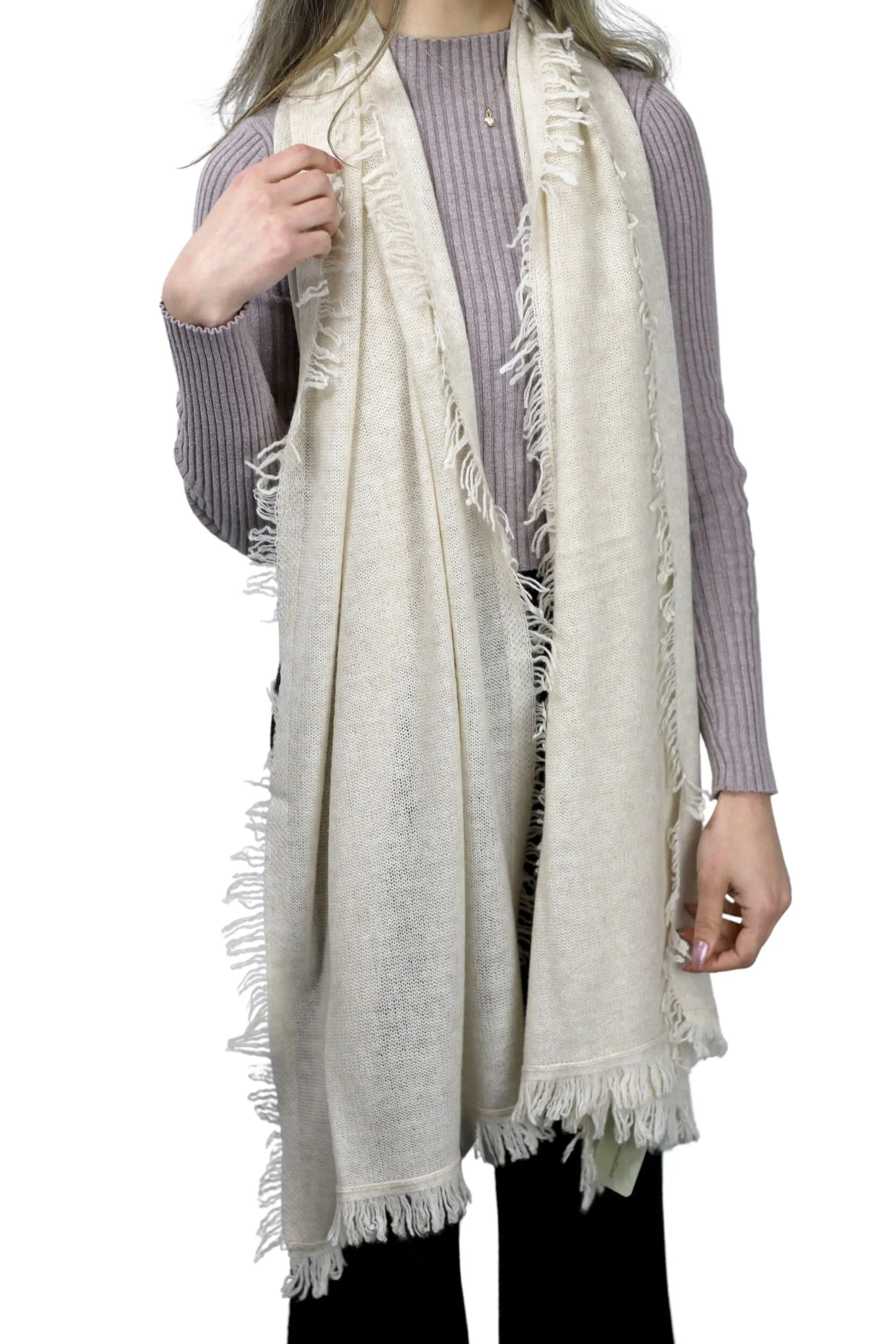 Cashmere Blend Scarf with Fringe Beige - One Size (26 x 80 inches)