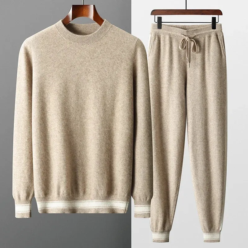 Cashmere Two-Piece Men'S Knitting round Neck Pullover Autumn Winter Thickened Slim-Fit Pants Color Contrast Warm Suit