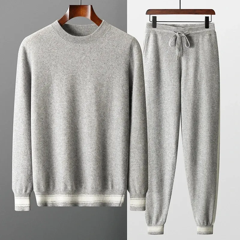 Cashmere Two-Piece Men'S Knitting round Neck Pullover Autumn Winter Thickened Slim-Fit Pants Color Contrast Warm Suit