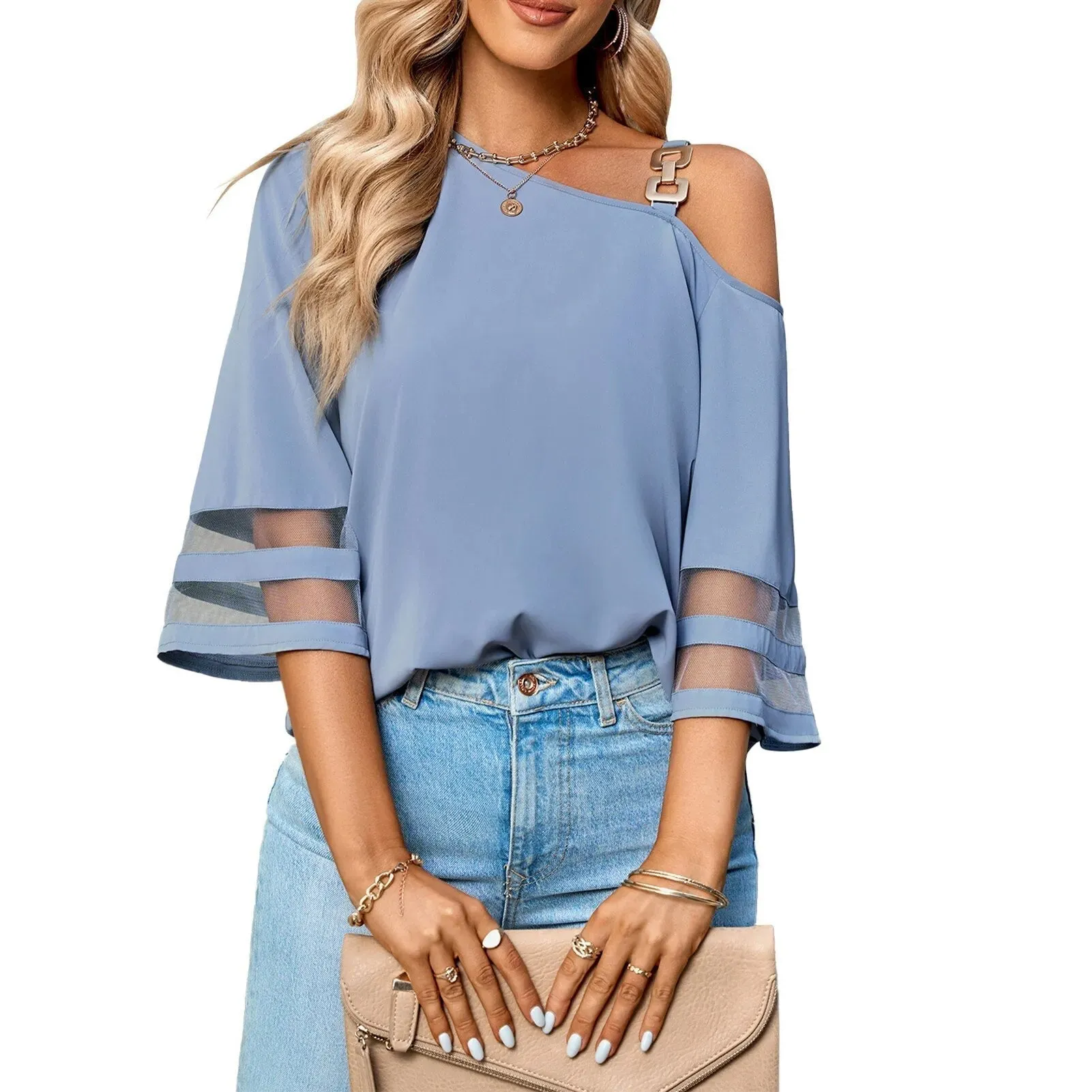 Casual Loose Solid Color Skew Collar Tee