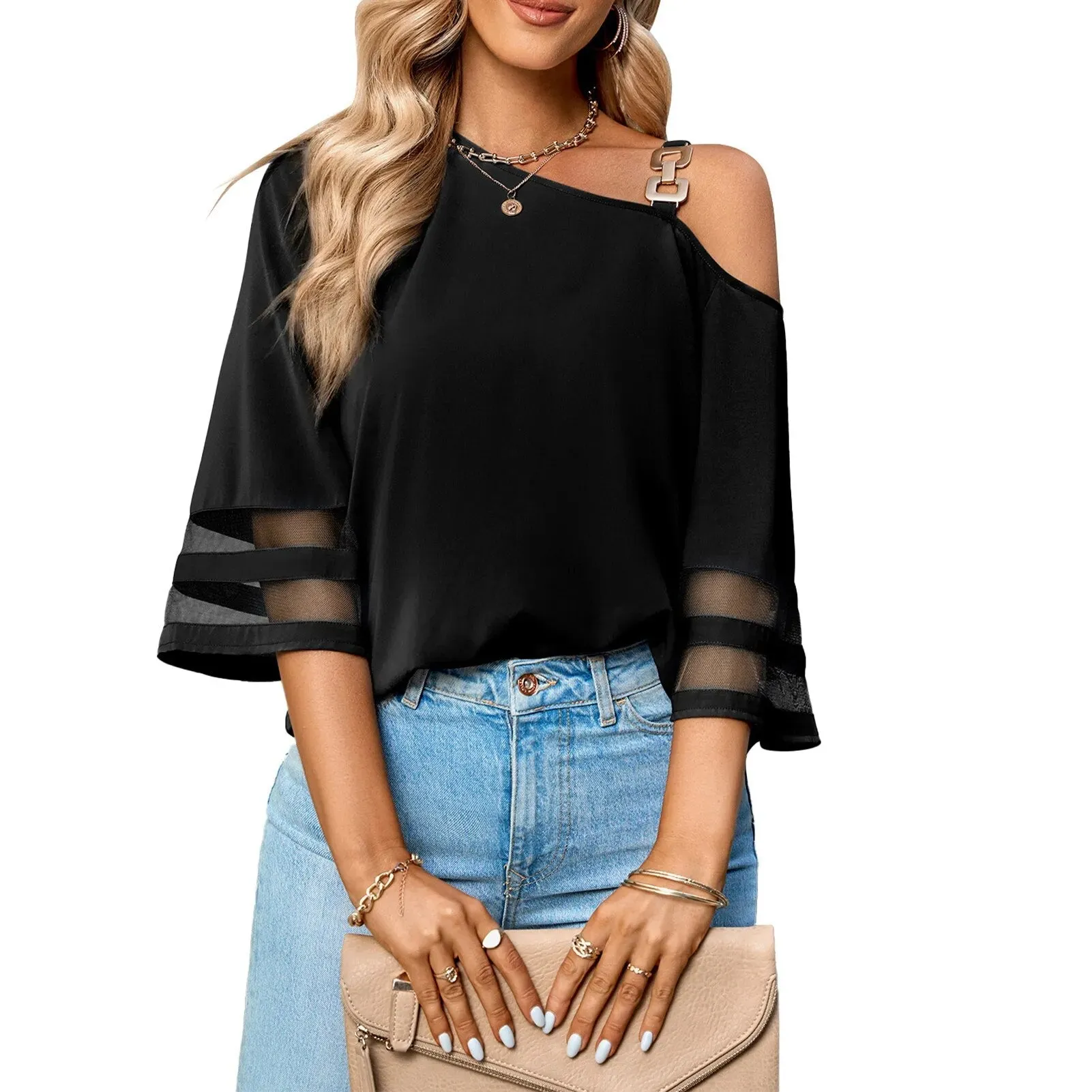 Casual Loose Solid Color Skew Collar Tee