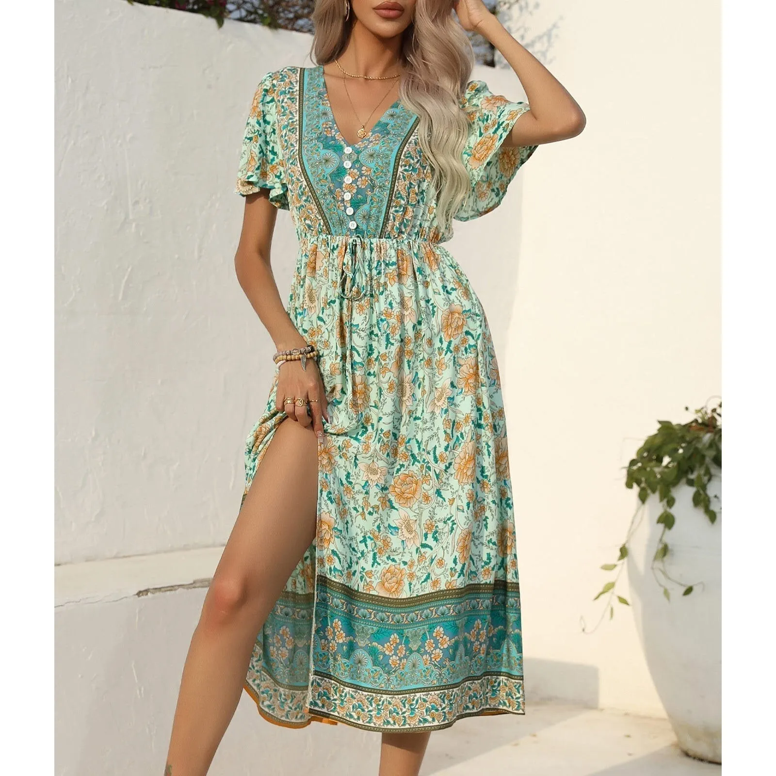 Casual Printing Waist Tie-Up Boho Dress