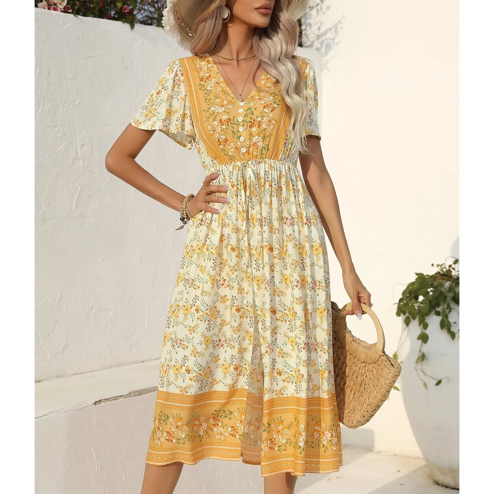 Casual Printing Waist Tie-Up Boho Dress