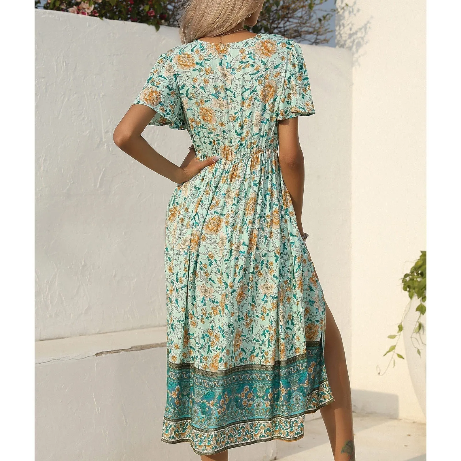 Casual Printing Waist Tie-Up Boho Dress