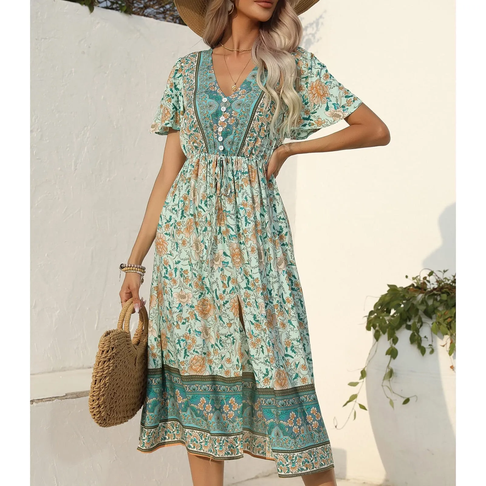 Casual Printing Waist Tie-Up Boho Dress