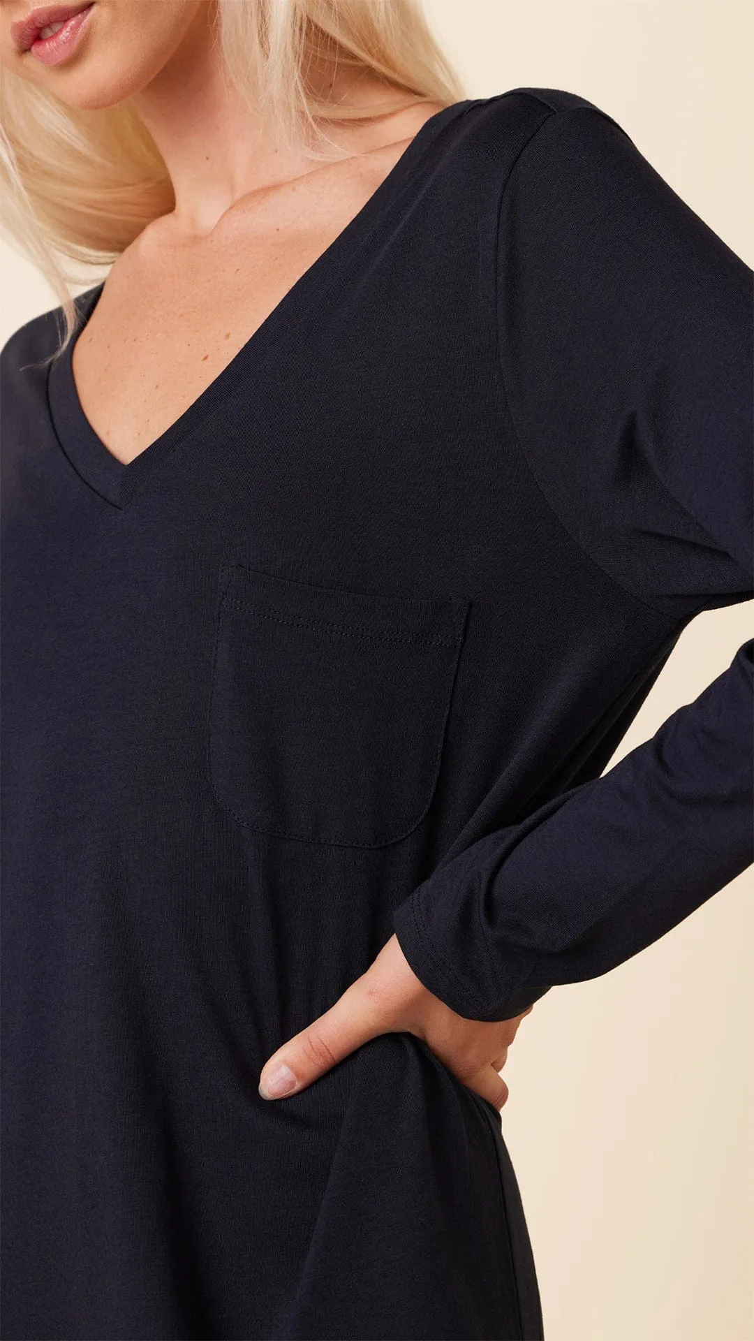 Classic Pima Knit Long-Sleeved Sleep Shirt - Midnight