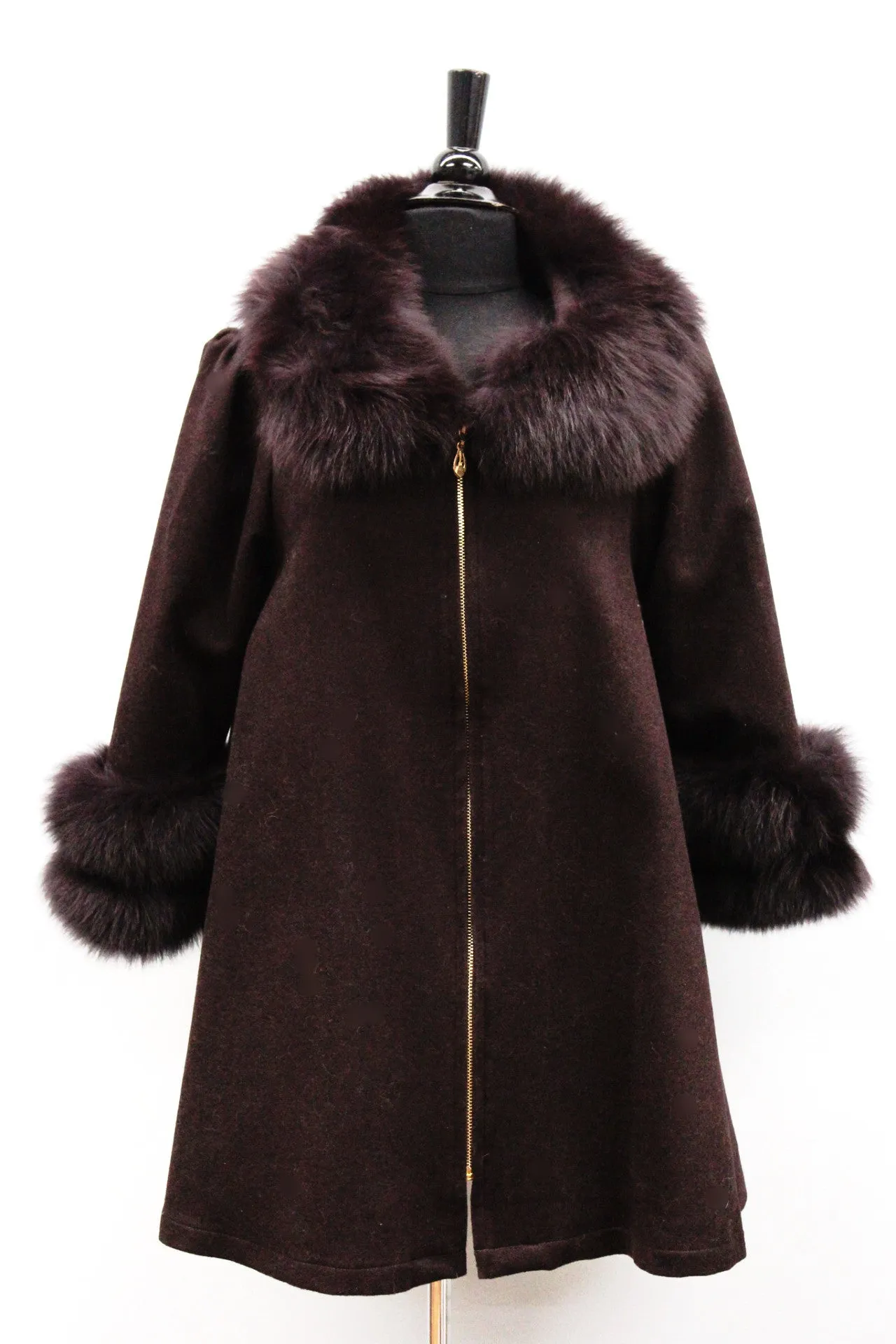 Coat with Fox Fur Collar and Fur Trim Sleeves - Wine