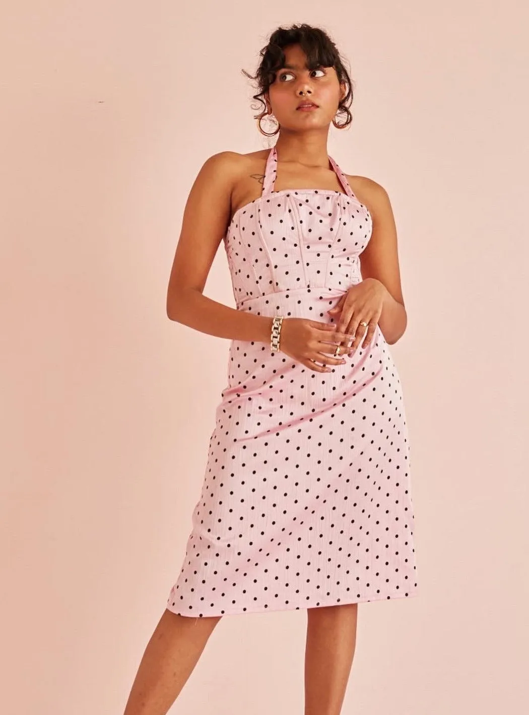 Coco Pink Polka Dot Corset Midi Dress