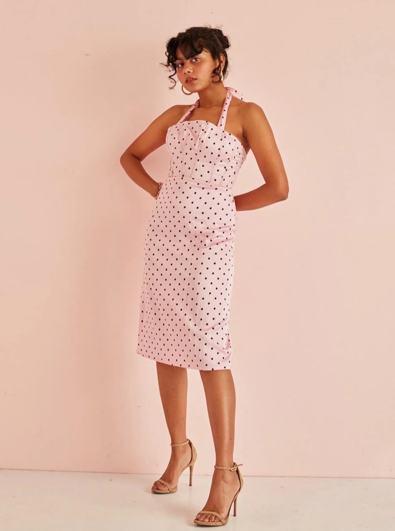 Coco Pink Polka Dot Corset Midi Dress