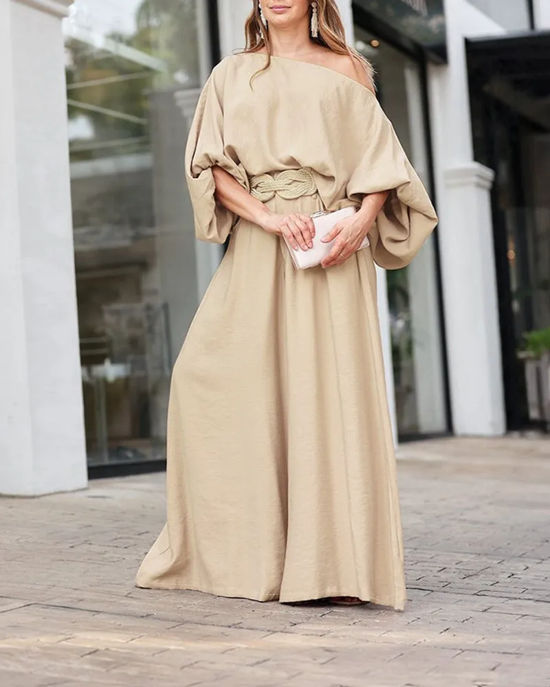 Coffee Off-the-shoulder Lantern Sleeve Loose Top Suit Wide Leg Trousers