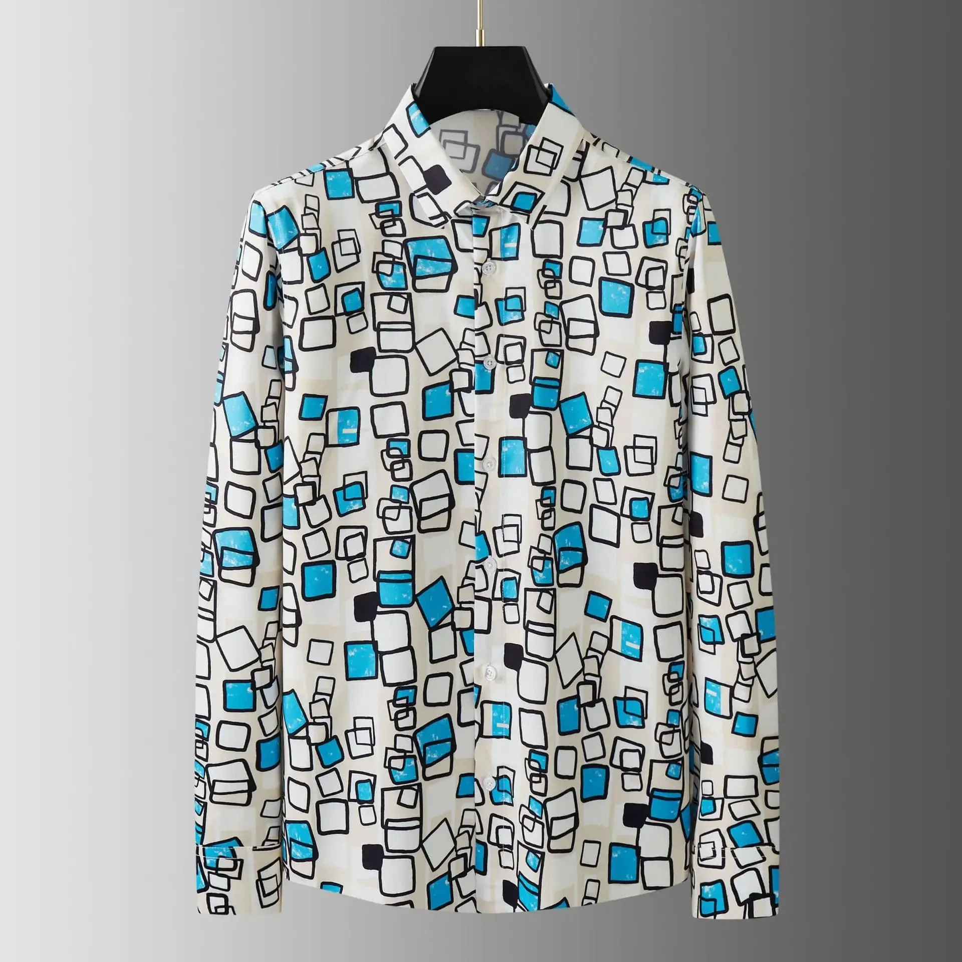 Cube Pattern Print Shirt for Men High Quality Long Sleeved Shirt