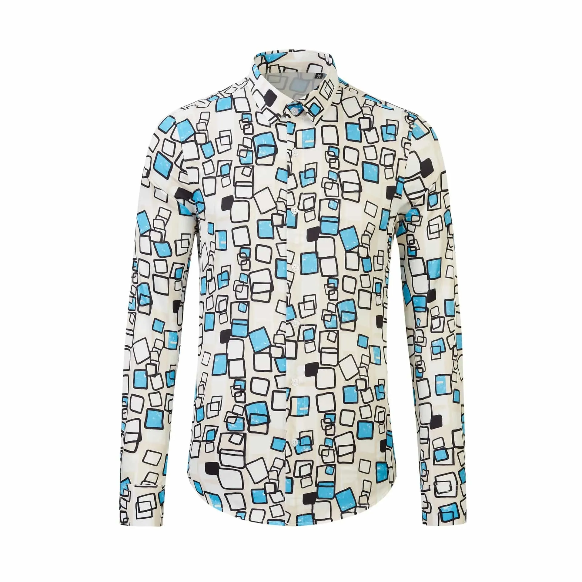 Cube Pattern Print Shirt for Men High Quality Long Sleeved Shirt