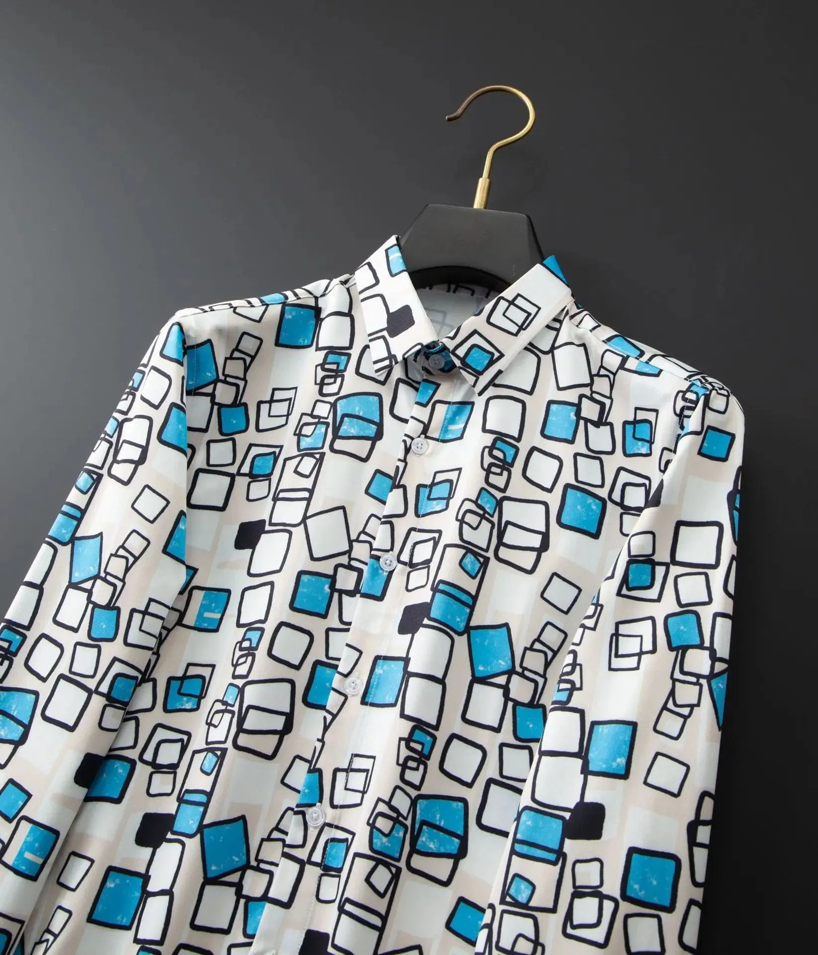 Cube Pattern Print Shirt for Men High Quality Long Sleeved Shirt