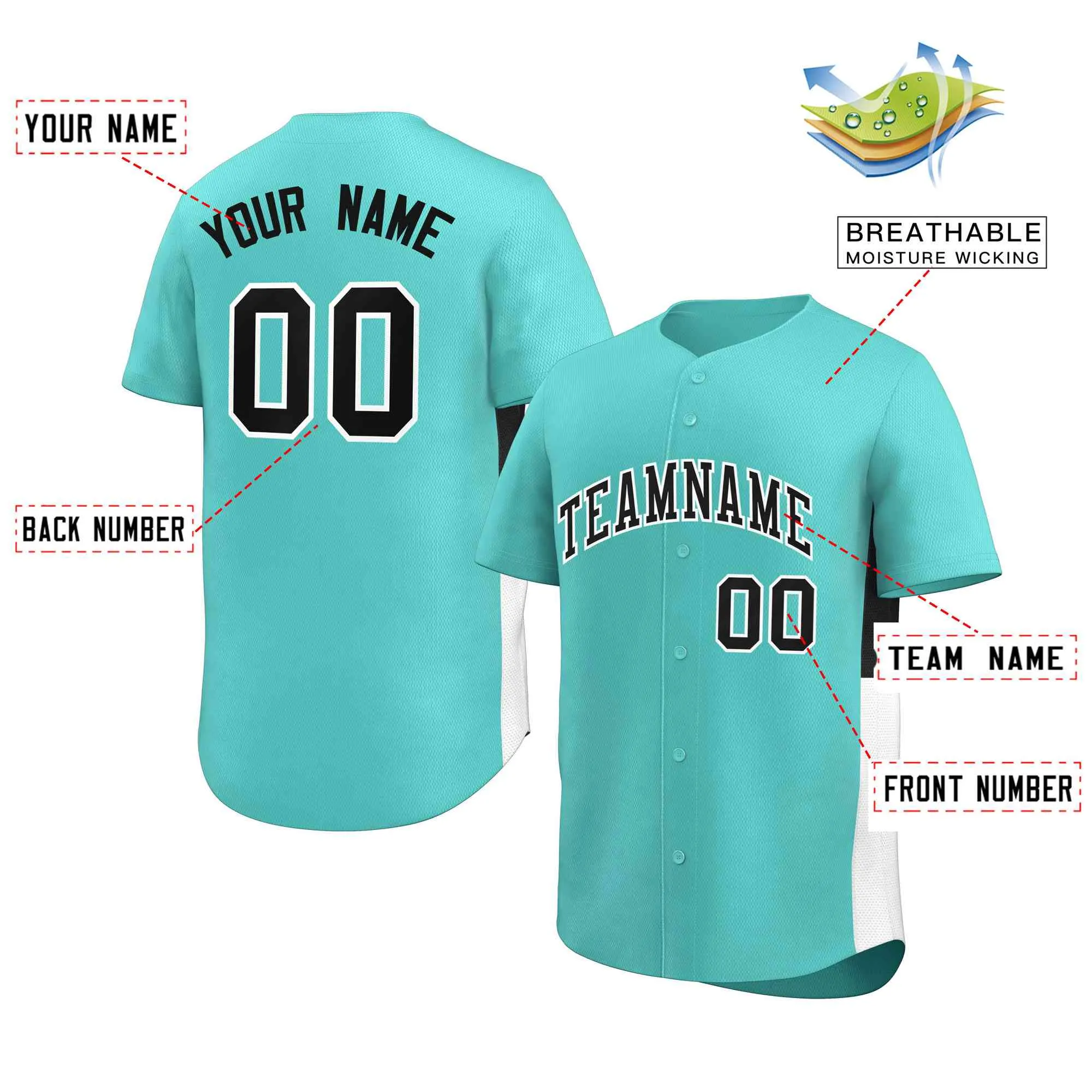 Custom Aqua Black-White Personalized Side Two-Tone Design Authentic Baseball Jersey