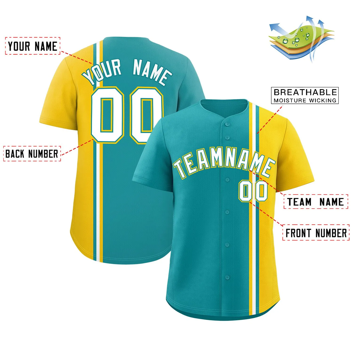 Custom Aqua Gold-White Personalized Color Block Authentic Baseball jersey