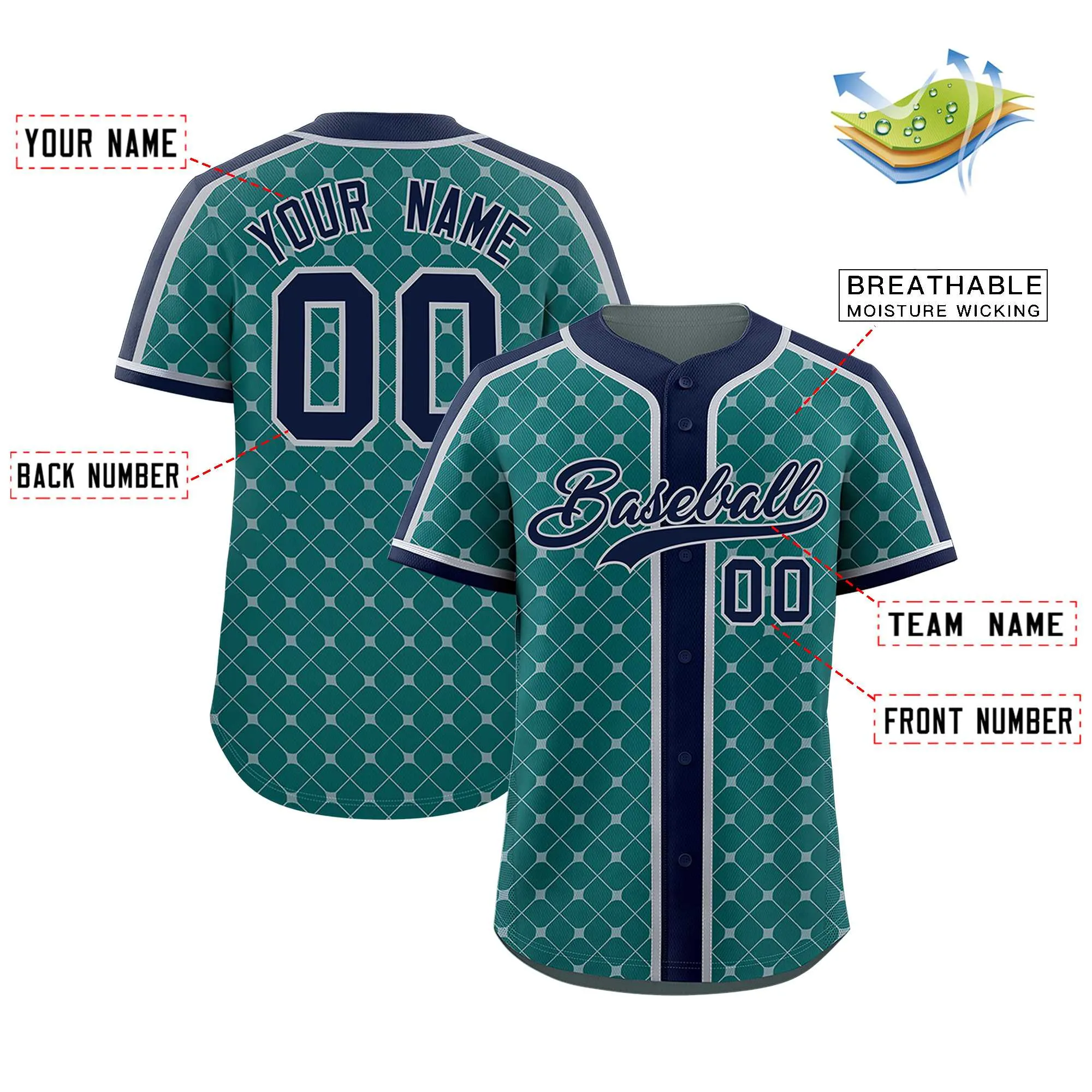 Custom Aqua Navy-Gray Personalized Plaid Design Authentic Baseball Jersey