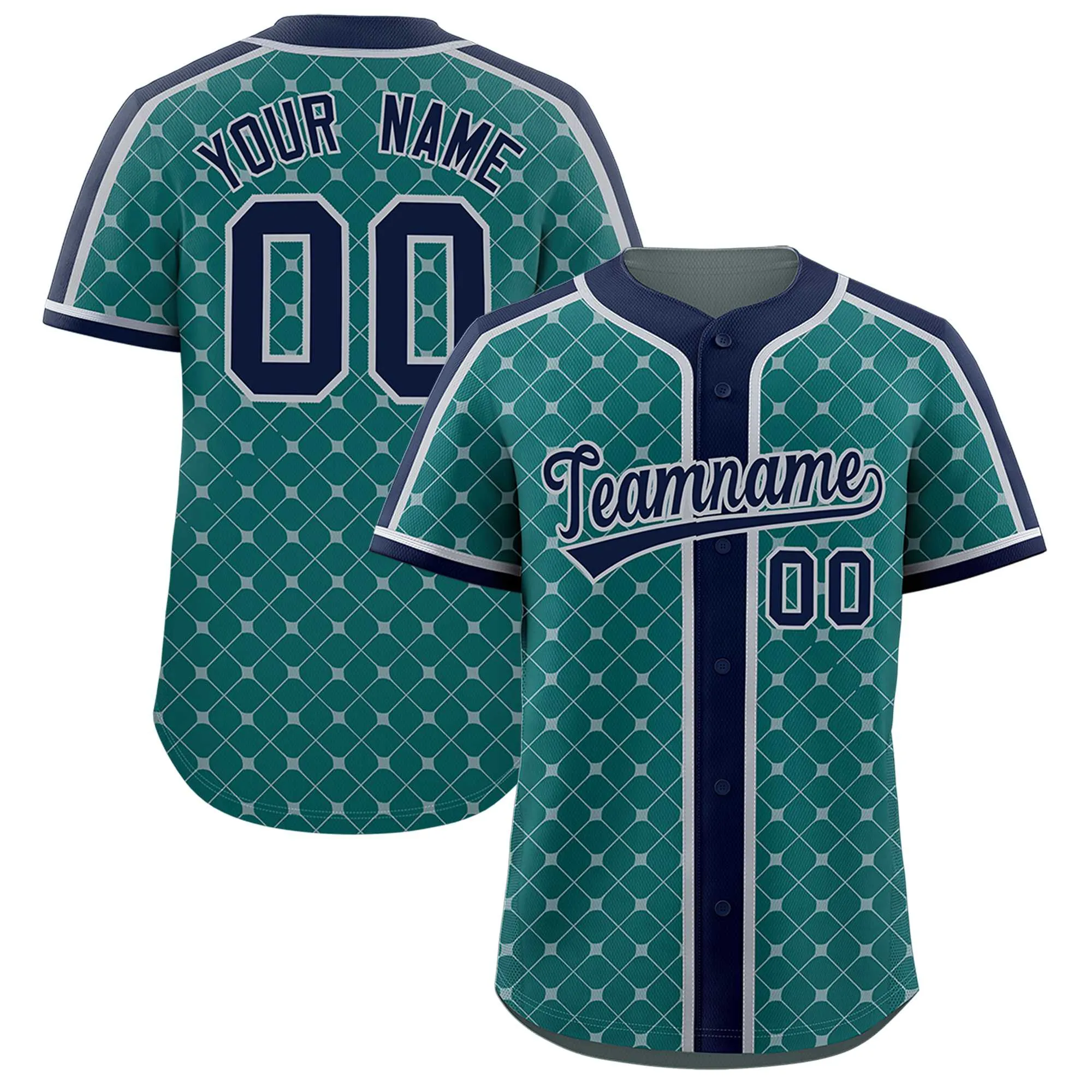 Custom Aqua Navy-Gray Personalized Plaid Design Authentic Baseball Jersey