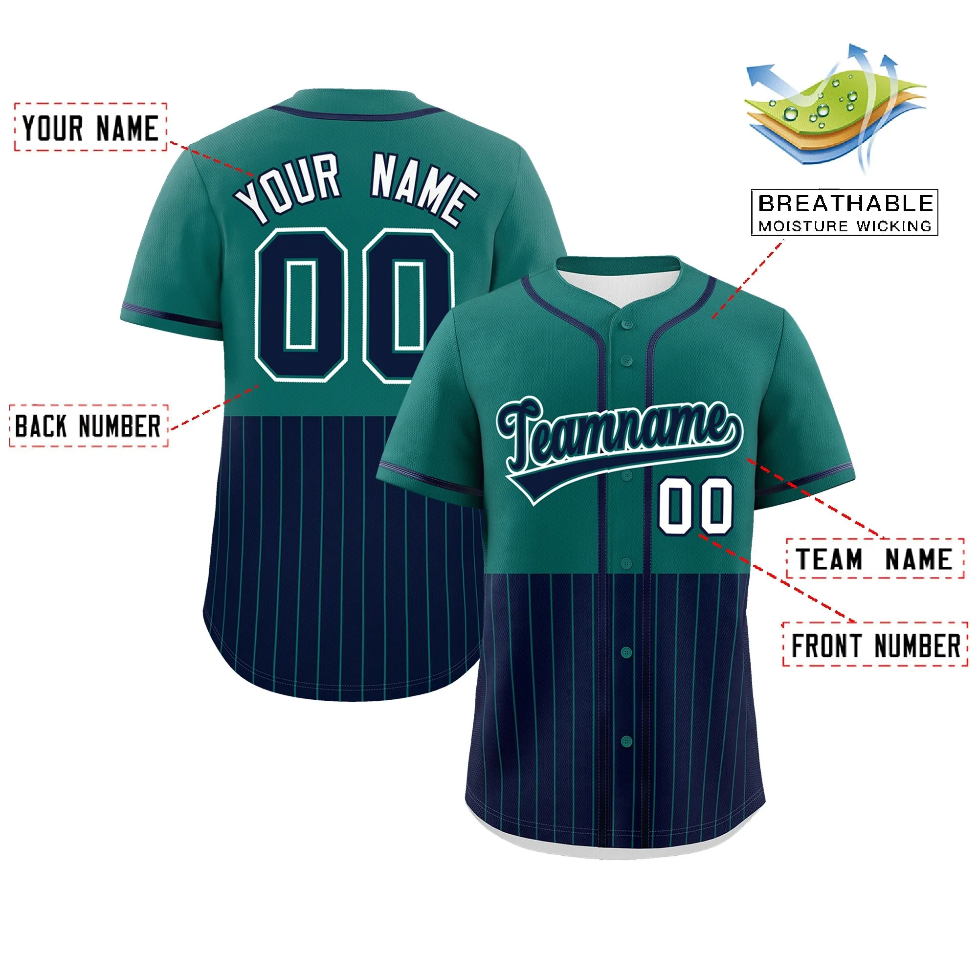 Custom Aqua Navy Personalized Half Stripe Design Authentic Baseball Jersey