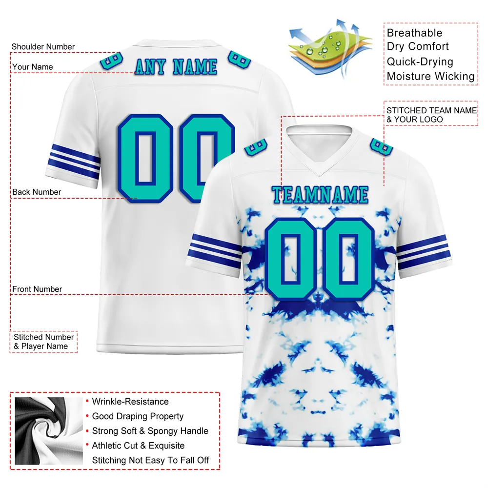 Custom White Tie Dye Aqua Personalized Authentic Football Jersey FBJ02-bc0fa7e