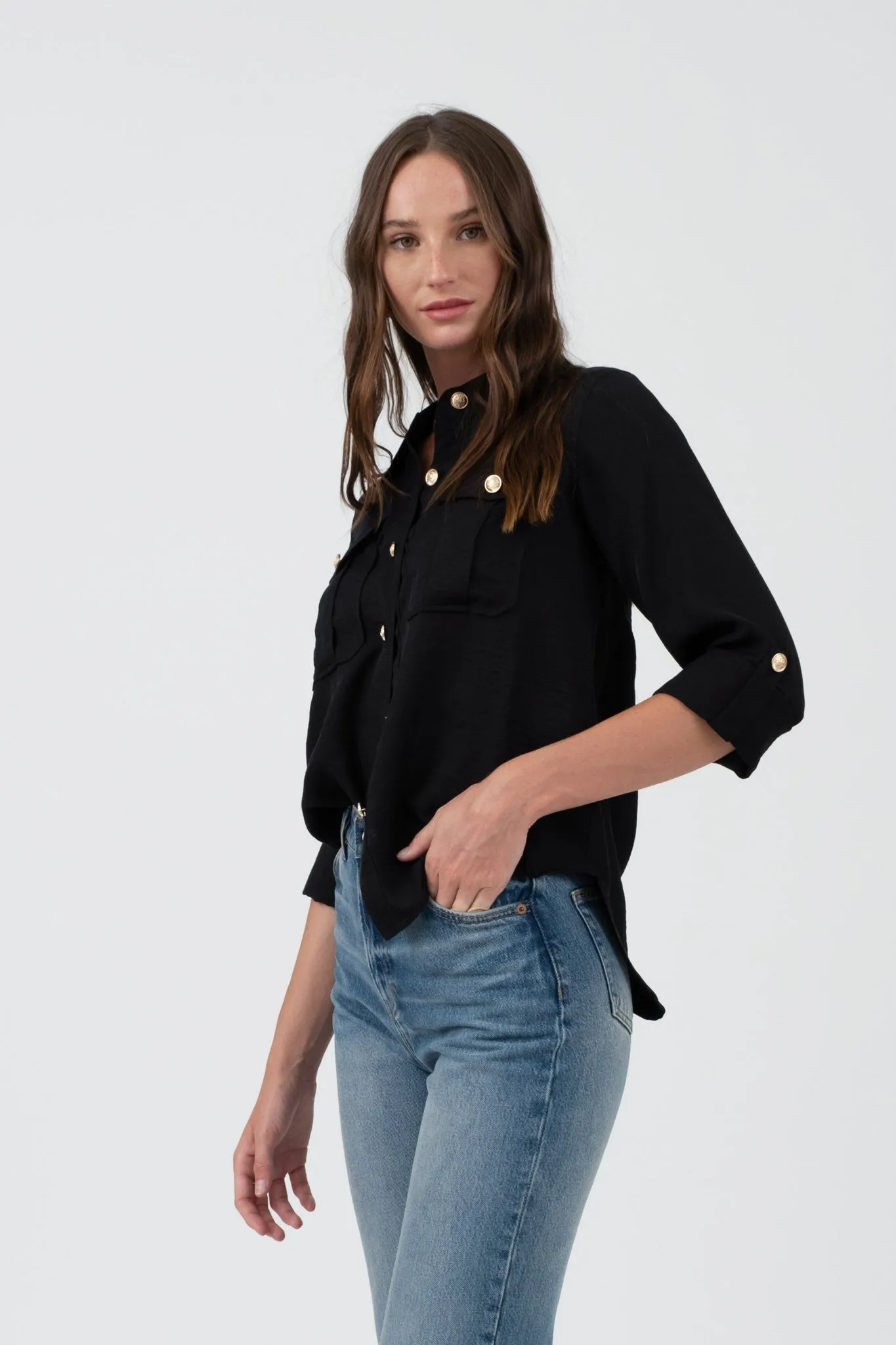 Daria Collared Gold Button 3/4 Tab Sleeve Shirt