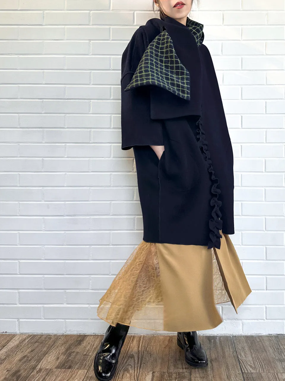 Dark Navy Ruffled Cashmere Luxury Cocoon Coat with Matching Scarf