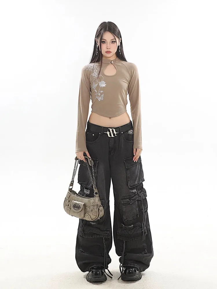 Distressed Wide-Leg Denim Cargo Jean Pants