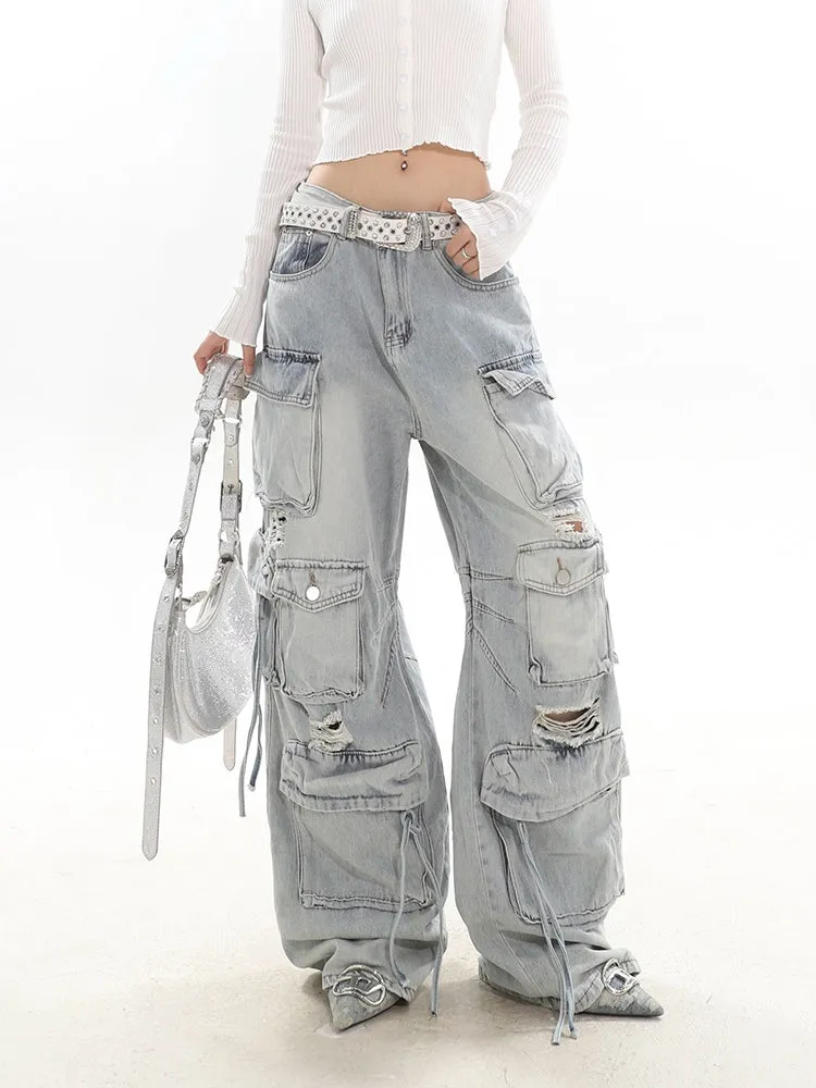 Distressed Wide-Leg Denim Cargo Jean Pants