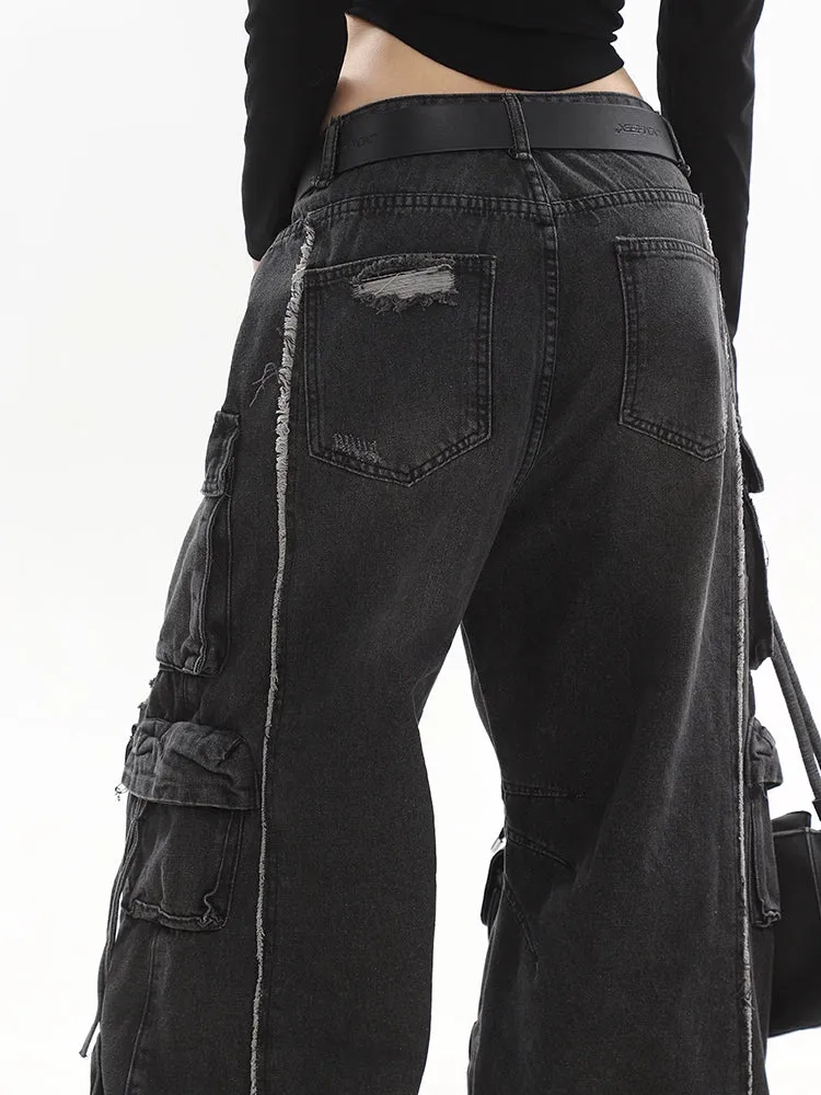 Distressed Wide-Leg Denim Cargo Jean Pants