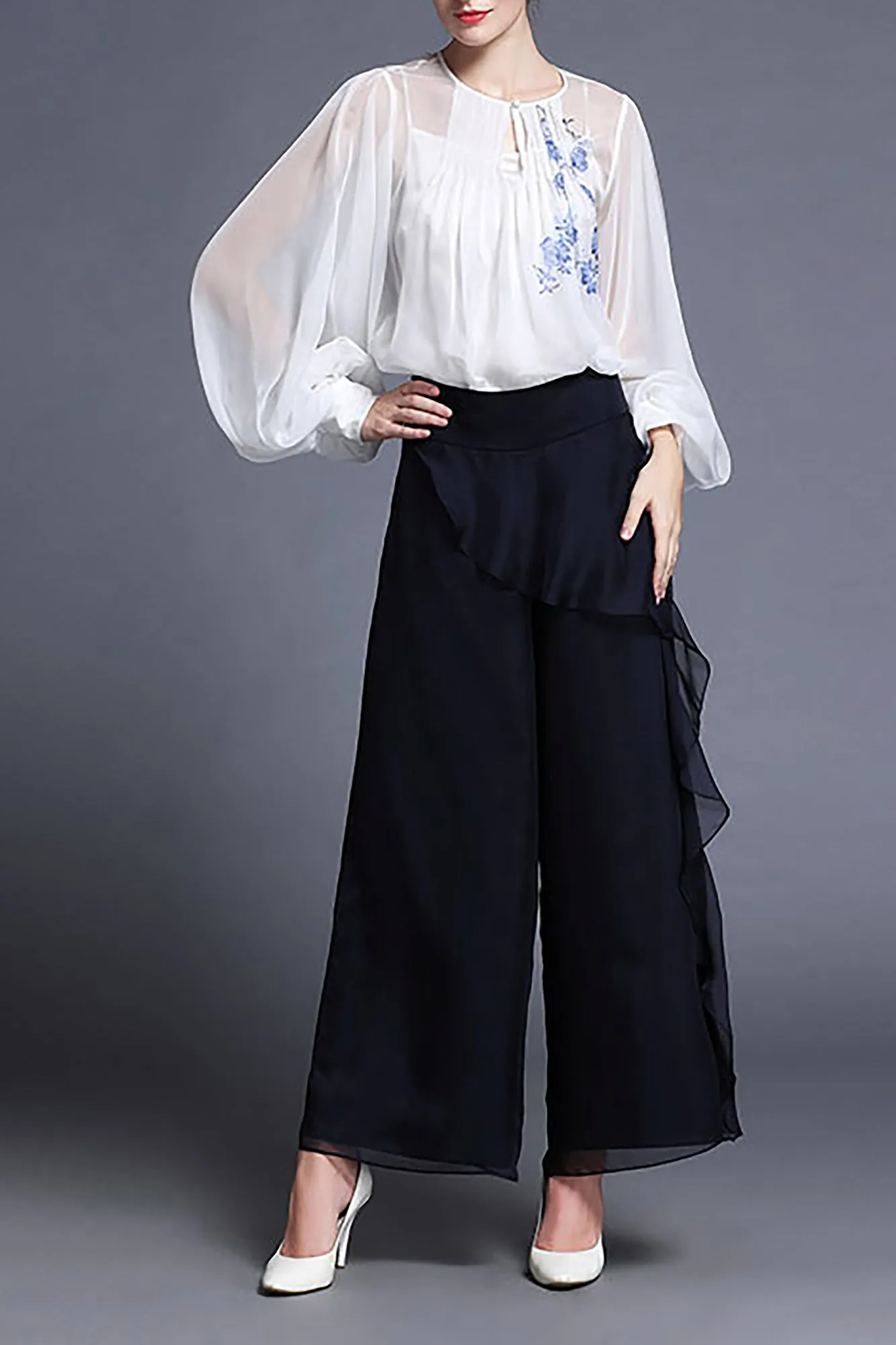 DL Fusion Ellen Porcelain Chiffon White Blouse/Shirt & Pants - Summer, Porcelain Shirt, Best Selling