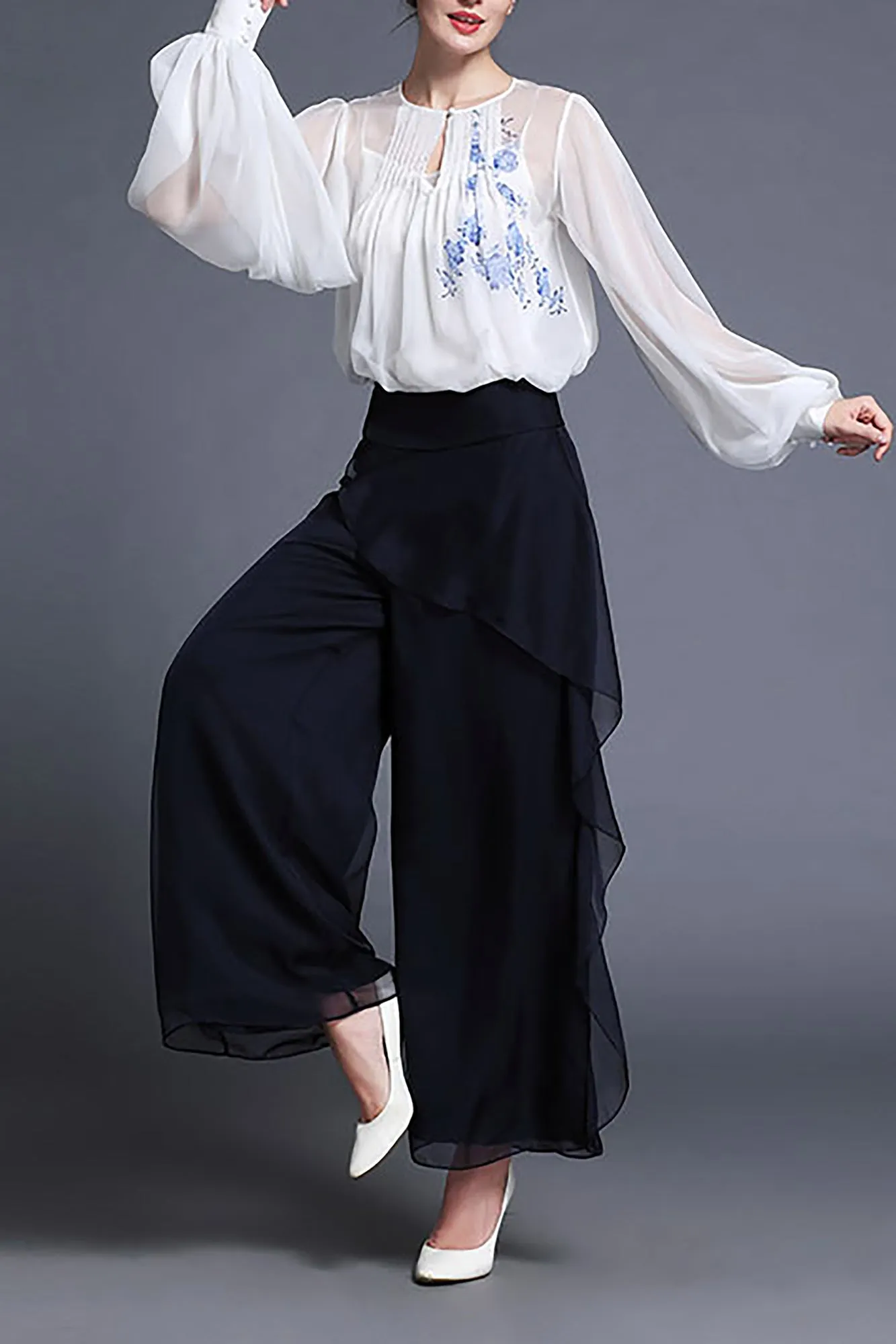 DL Fusion Ellen Porcelain Chiffon White Blouse/Shirt & Pants - Summer, Porcelain Shirt, Best Selling