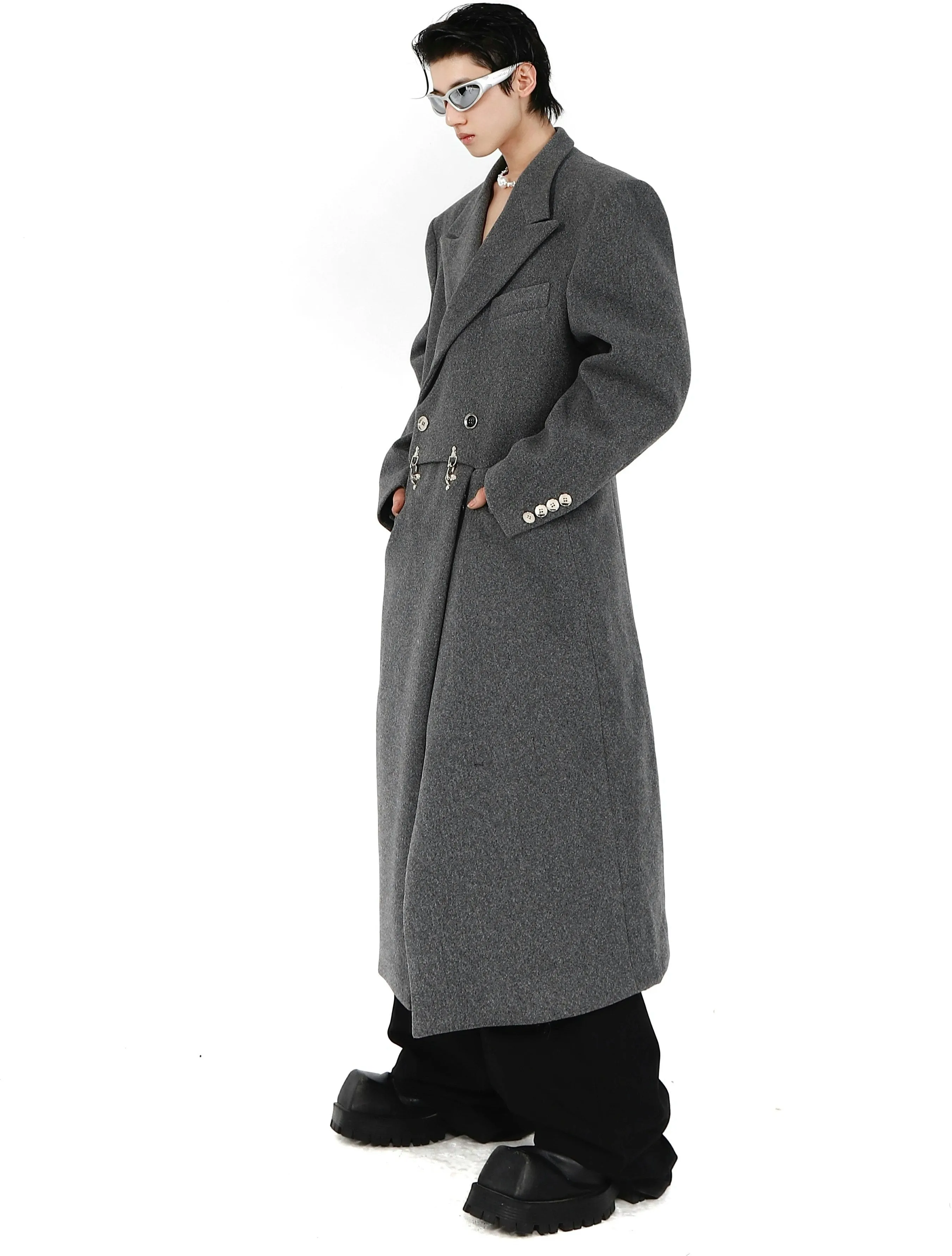 Double-Breasted Boxy Trench Coat with Metal Buckle