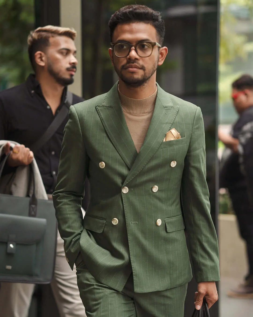 Double Breasted Suit Blazer - Moss Green Stripes (Peak Lapel)