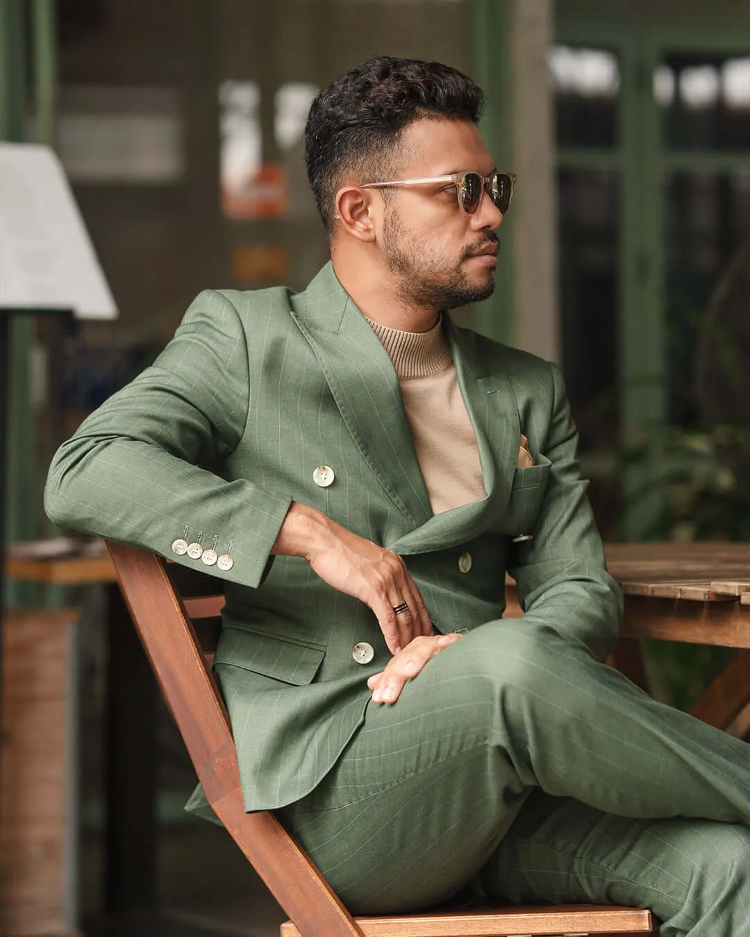 Double Breasted Suit Blazer - Moss Green Stripes (Peak Lapel)