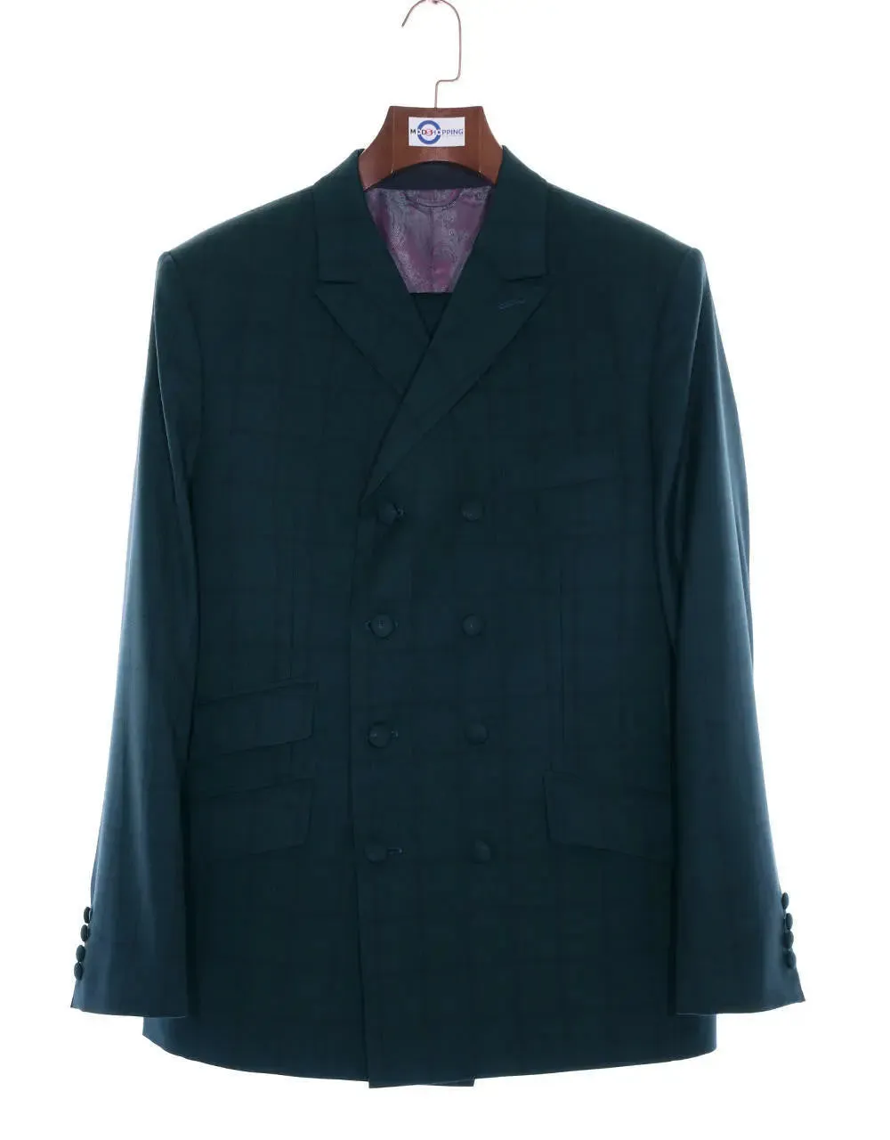 Double Breasted Suit - Dark Sea Green Windowpane Suit