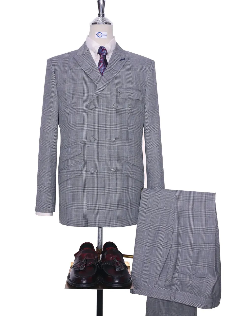 Double Breasted Suit | Grey Prince Of Wales Check Suit