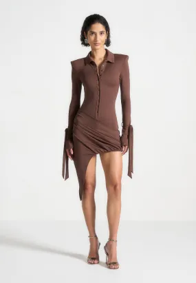 Draped Asymmetric Mini Dress - Brown