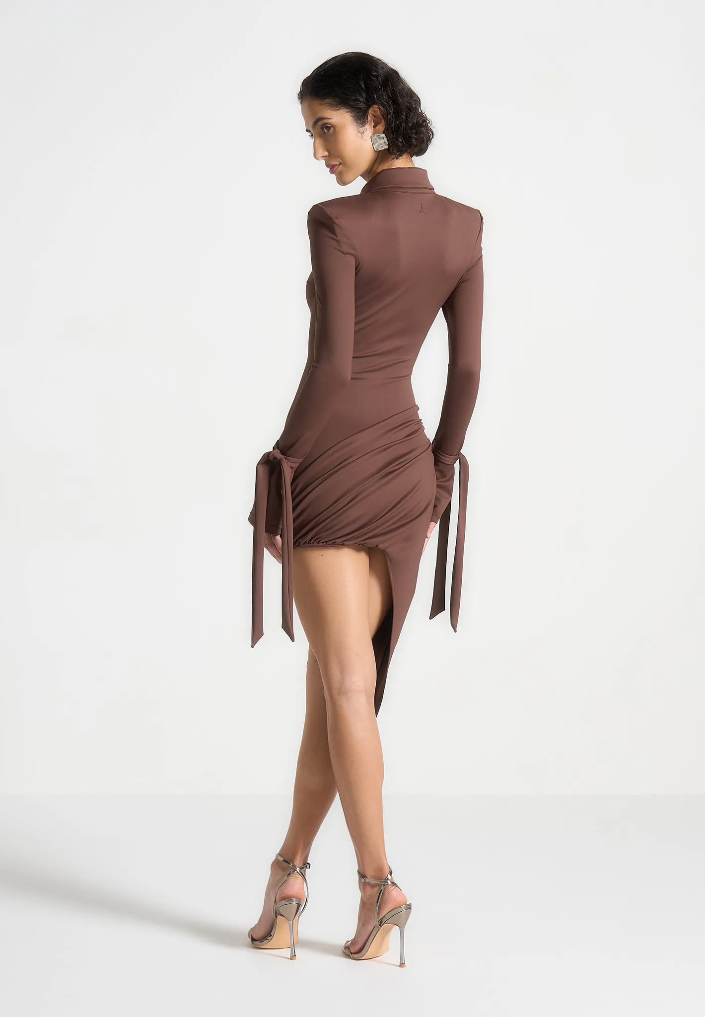 Draped Asymmetric Mini Dress - Brown