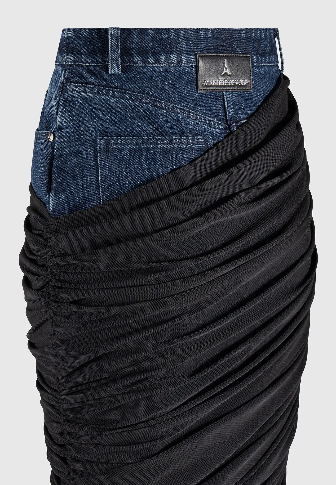 Draped Mesh Denim Maxi Skirt - Indigo