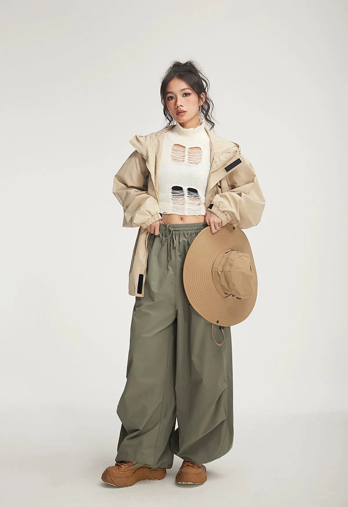 Drawstring Wide-Leg Parachute Jogger Pants