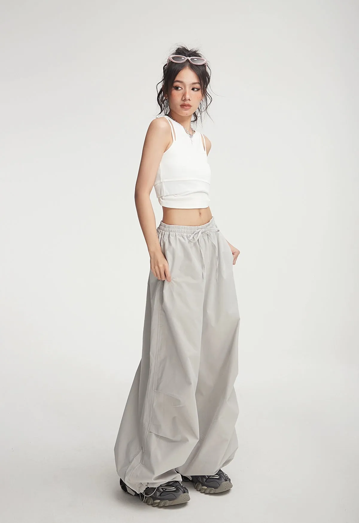 Drawstring Wide-Leg Parachute Jogger Pants