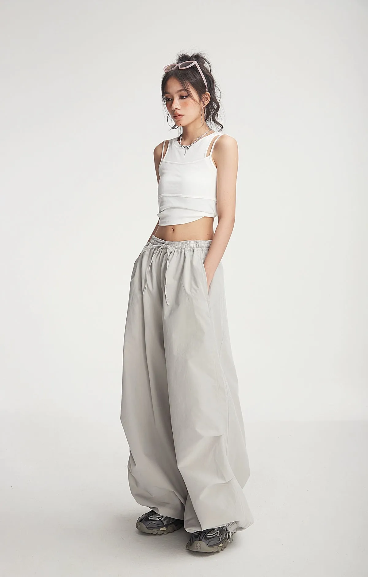 Drawstring Wide-Leg Parachute Jogger Pants