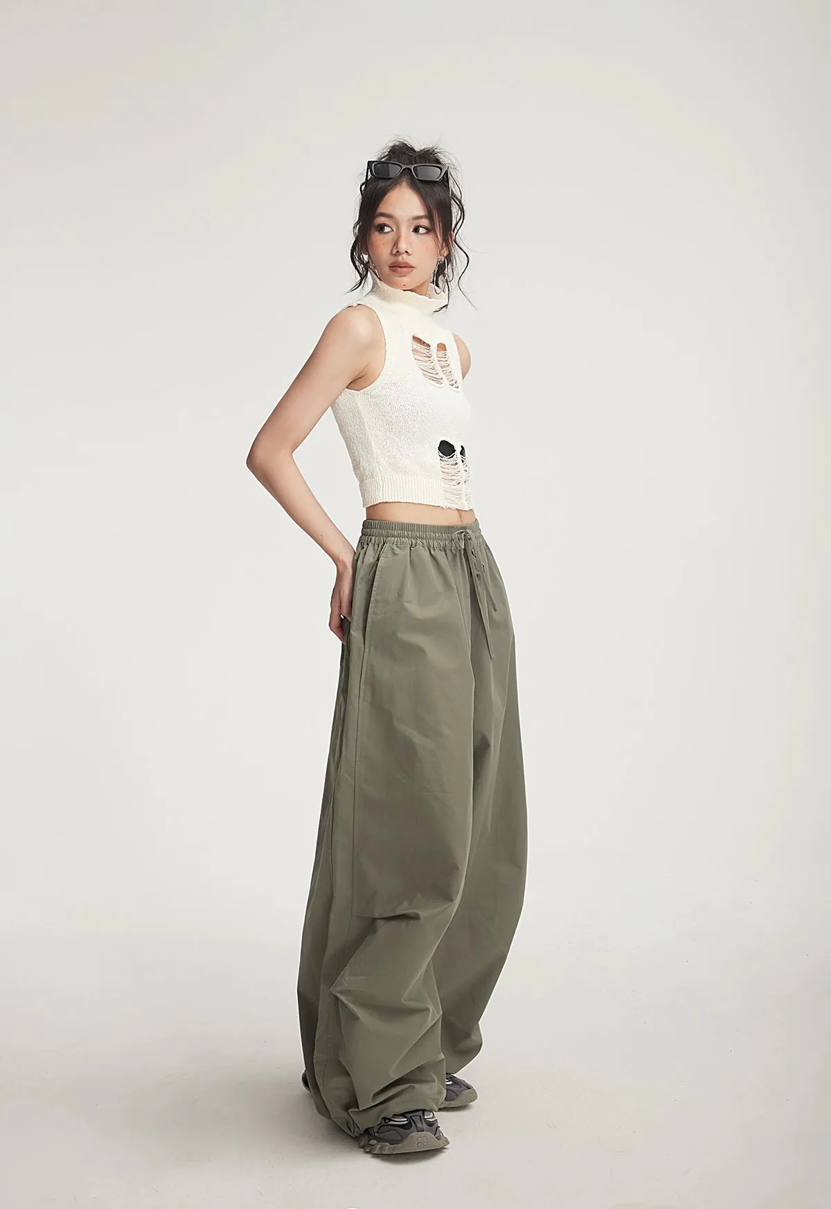 Drawstring Wide-Leg Parachute Jogger Pants