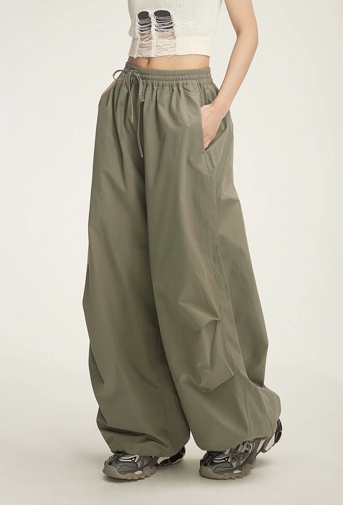 Drawstring Wide-Leg Parachute Jogger Pants