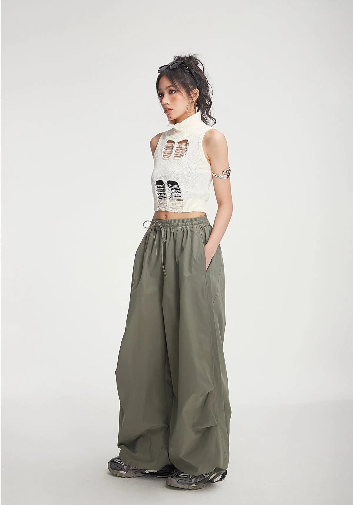 Drawstring Wide-Leg Parachute Jogger Pants