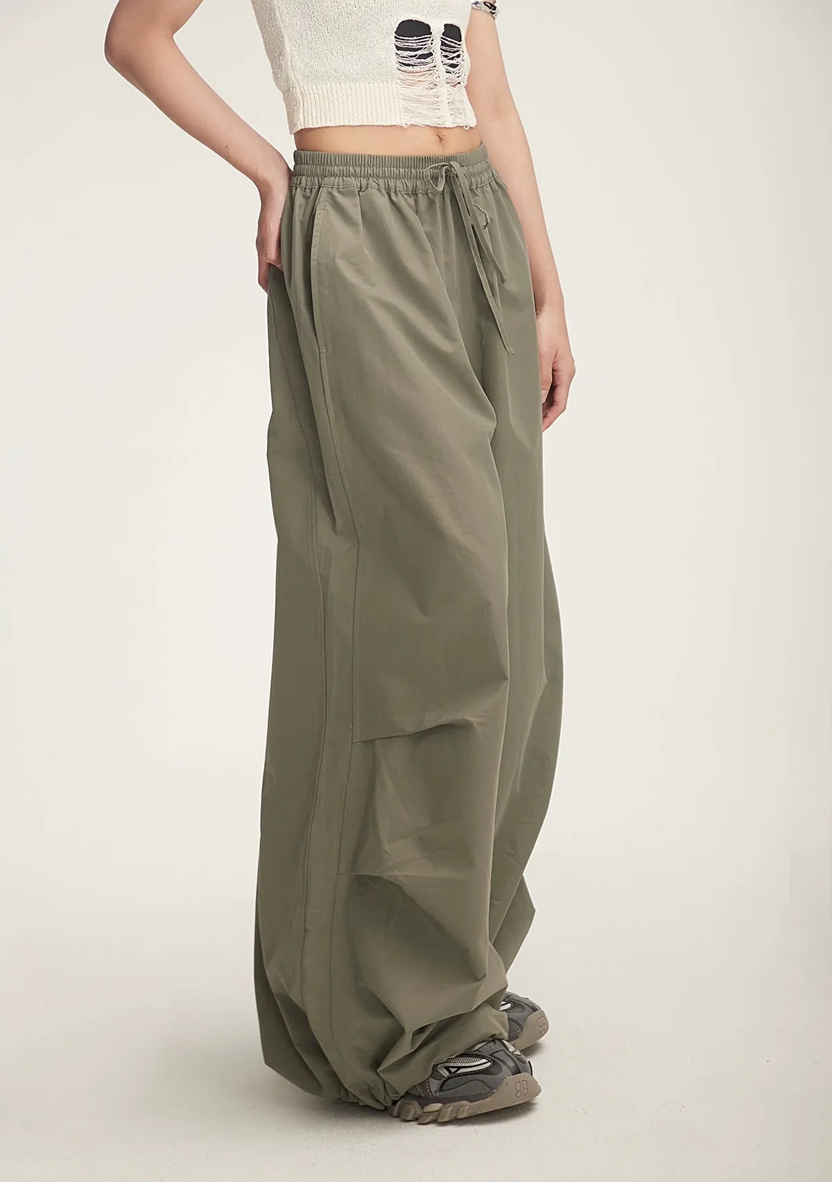 Drawstring Wide-Leg Parachute Jogger Pants