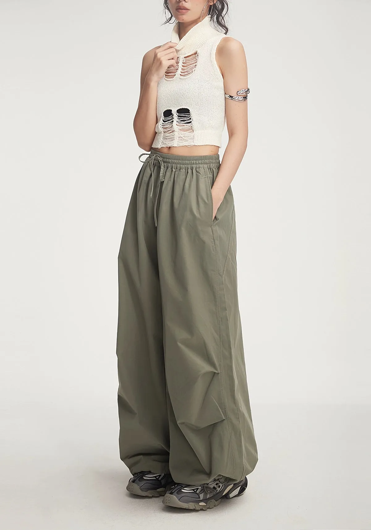 Drawstring Wide-Leg Parachute Jogger Pants