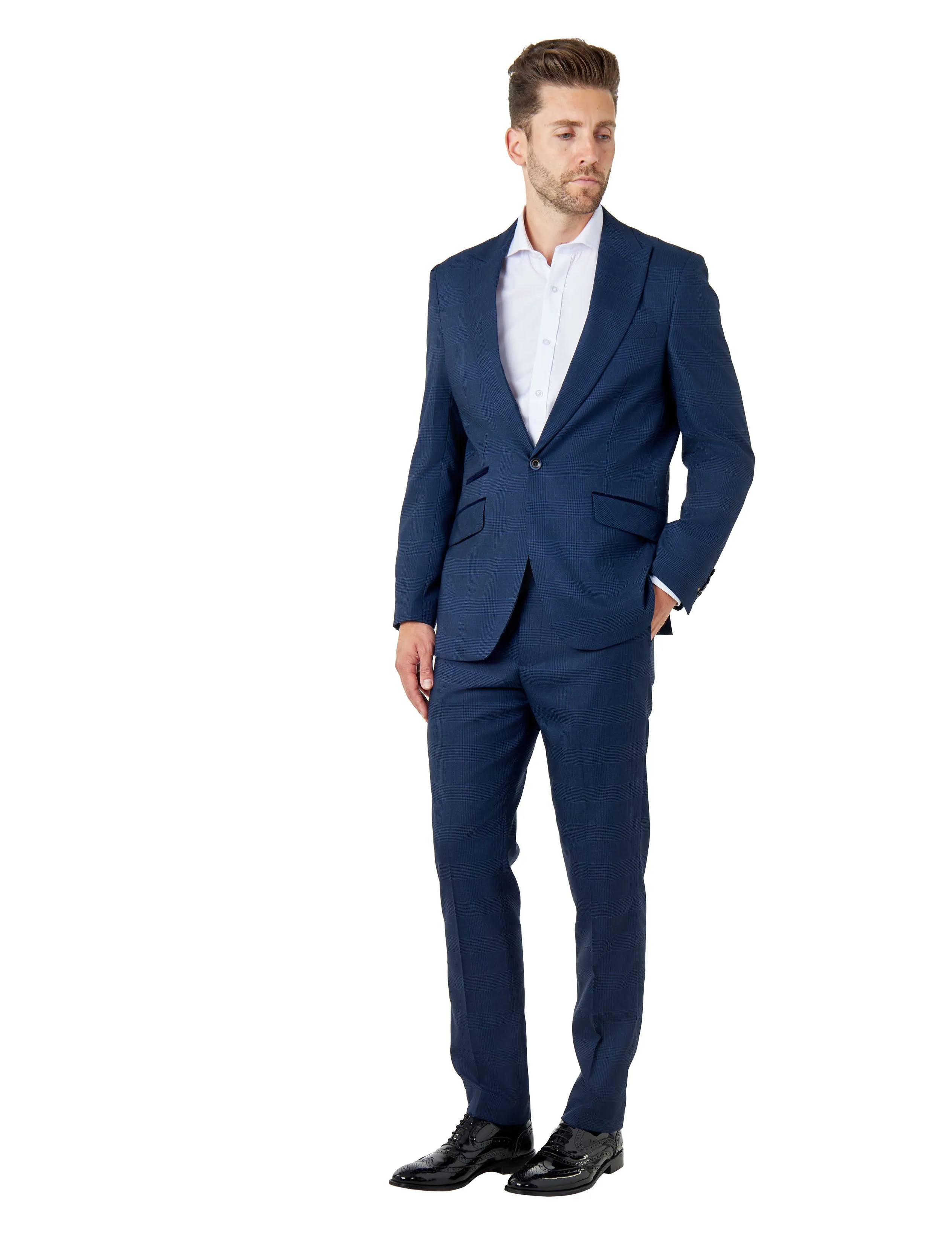 EKON – Navy Blue Prince of Wales Check Tailored Suit Jacket