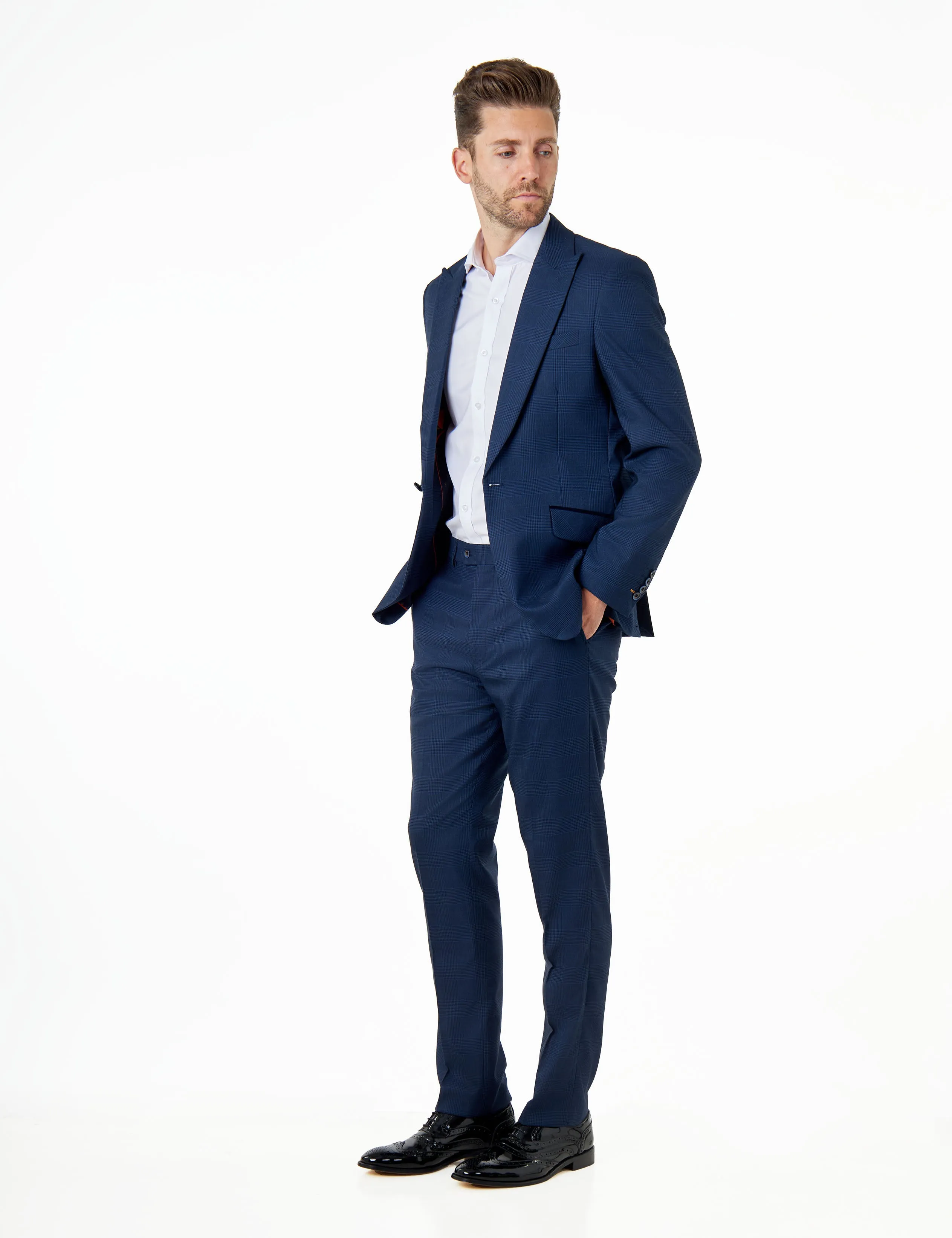 EKON – Navy Blue Prince of Wales Check Tailored Suit Jacket