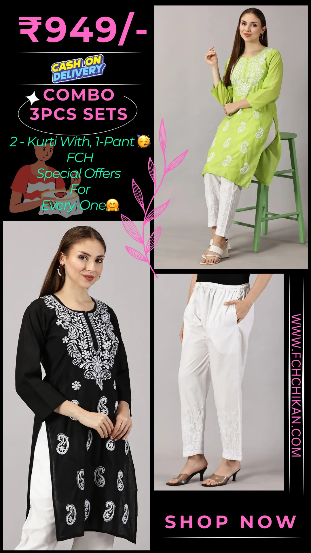 Embroidered Cotton Wear: 2 Kurtis   Pants Set | Women’s Cotton Kurti Set: Embroidery & Comfort Combo | Chic Cotton Sets Combo: Embroidered Kurtis and Pants | Stylish Cotton Kurti Set with Pants - 2 Piece Combo